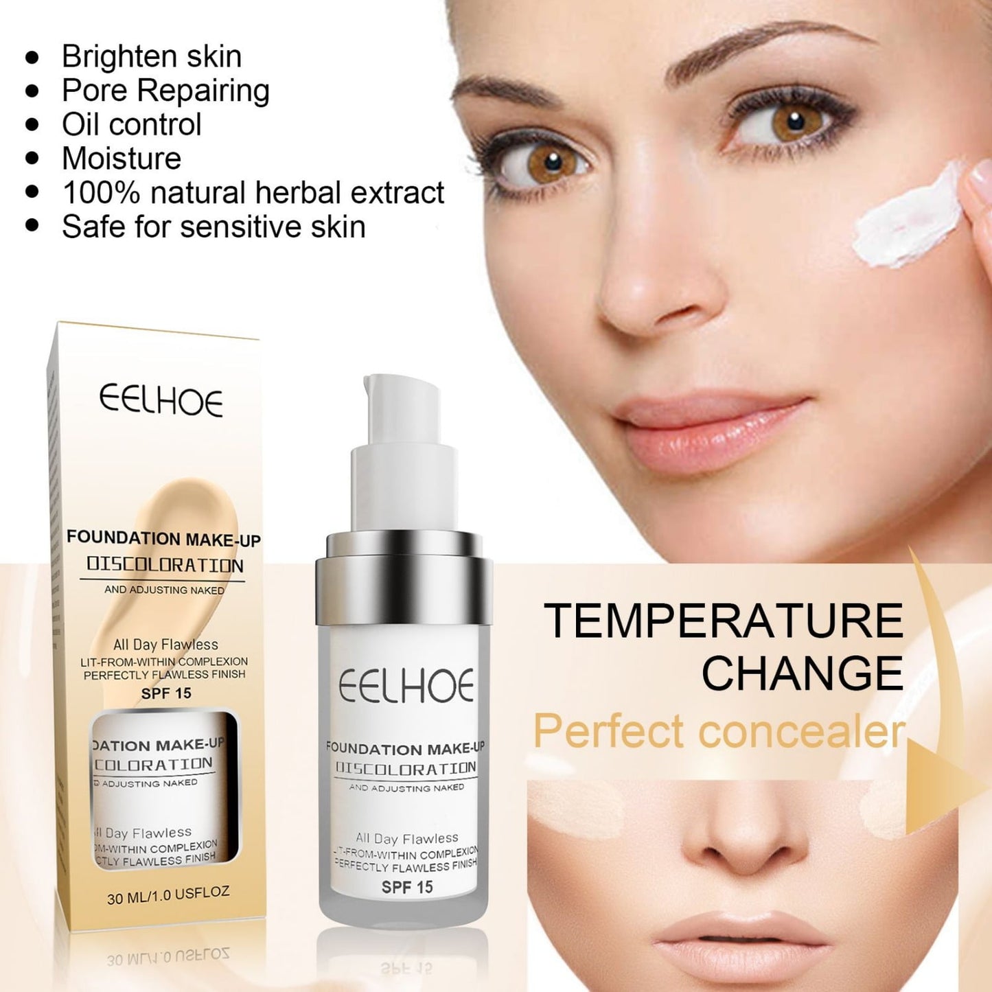 30ML Flawless Colour Changing Warm Skin Tone Foundation,Naturally Blends Moisturizing Foundation Makeup,Long Lasting Waterproof Poreless Liquid Foundation