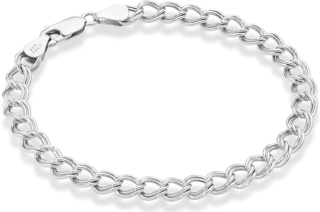 925 Sterling Silver Italian Double Curb Link Chain Bracelet for Women Men, Charm Bracelet Made in Italy