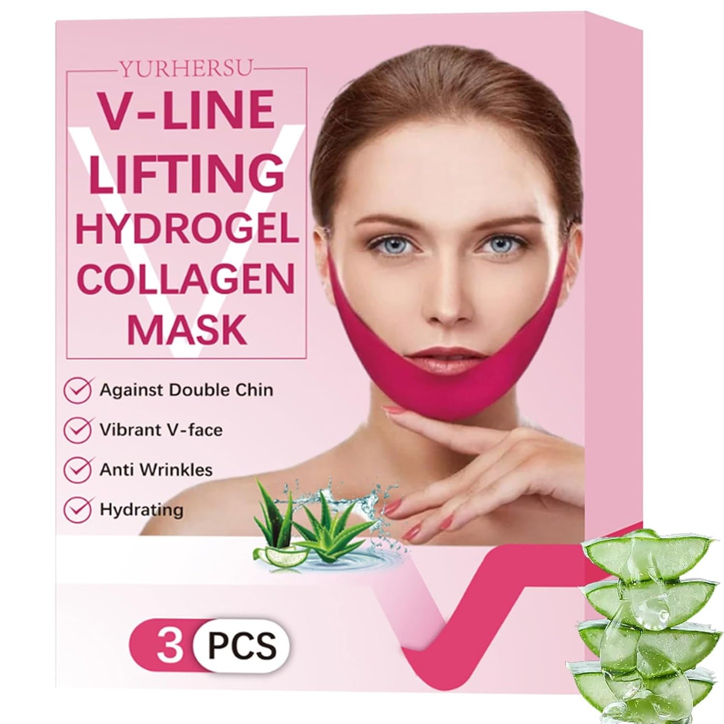 V Line Lifting Mask Chin Mask Hydrogel Collagen Mask with Aloe Vera & Seaweed Chin Lift Firming Skin 3 PcsWN71