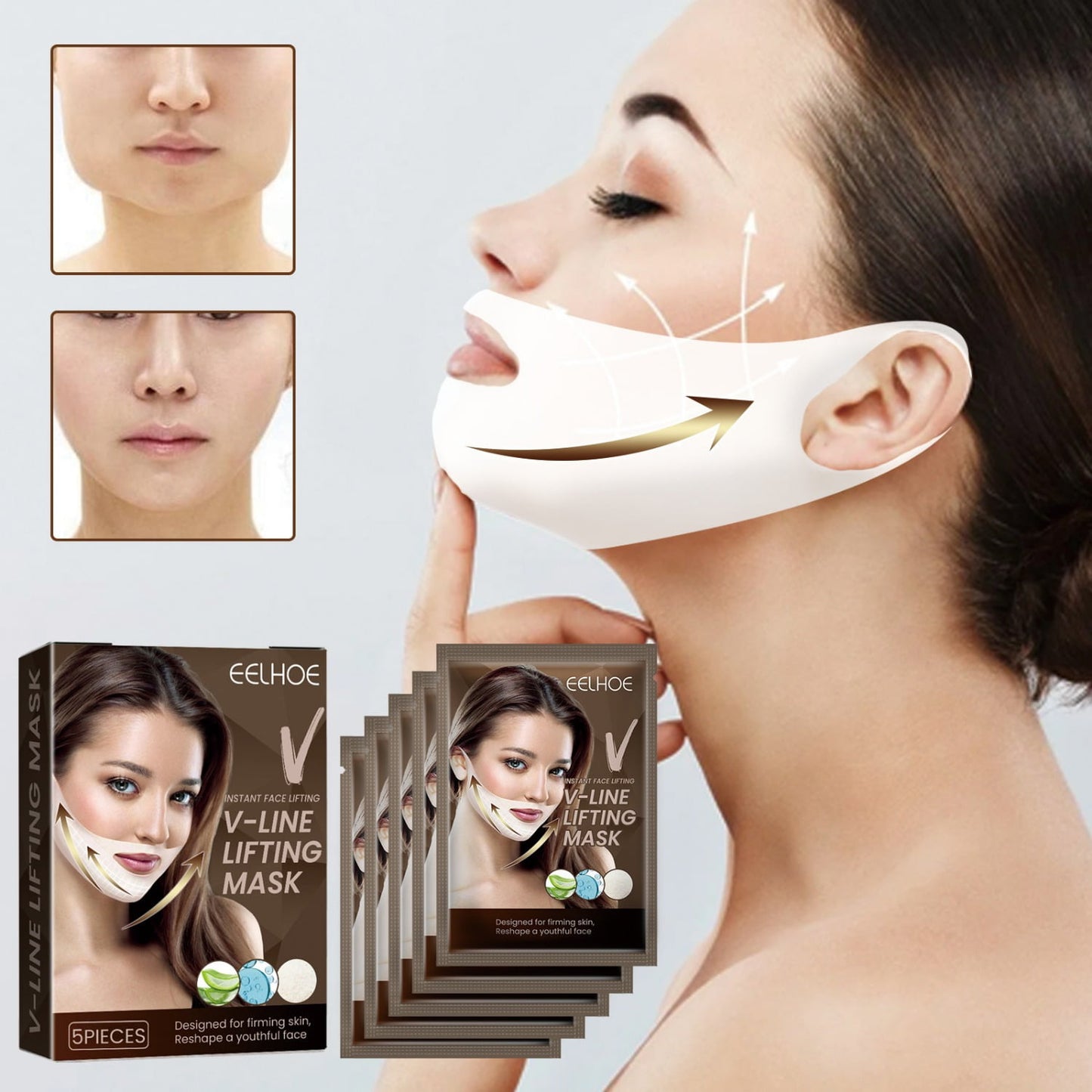 V Shaped Contouring Face Mask Line Shaping Lifting Belt Neck Reduction Jawline Lift Tape Enhancer Face Patch Firming Tightening Skin Chin Up Sculpting Collagen Mask Hyaluronic Acid Aloe Vera 5 Pcs