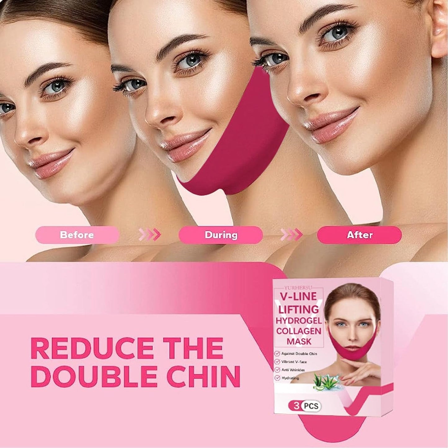 V Line Lifting Mask Chin Mask Hydrogel Collagen Mask with Aloe Vera & Seaweed Chin Lift Firming Skin 3 PcsWN71